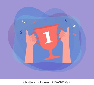 Hands of winner holding goblet trophy for victory. Success of person winning first place in competition flat vector illustration. Award, prize concept for banner, website design or landing web page