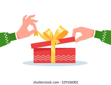 Hands in winter Christmas clothes open red gift box present surprise with yellow bow on white background. Vector illustration banner poster flyer greeting card