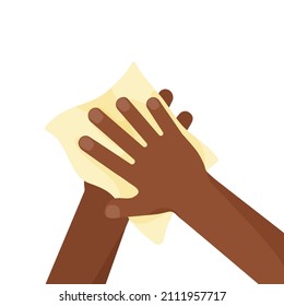 Hands wipe paper or tissue towel vector, black human hand cleaning, personal ppe, disinfection wash template. Hygiene illustration