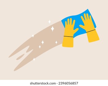 Las manos limpian la superficie con un paño. El concepto de servicio de limpieza. Ilustración vectorial colorida
