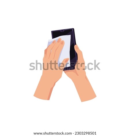 Hands wiping mobile phone flat style, vector illustration isolated on white background. Antibacterial, decorative design element, cleanliness, wet wipe