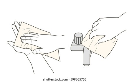 Hands wiping and tap closing with paper towel, vector illustration, instruction sign