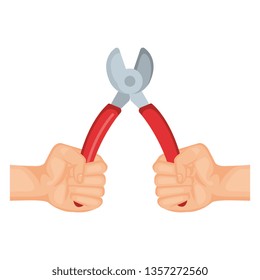 hands with wire strippers tool