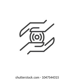 Hands with wireless connection spot outline icon. linear style sign for mobile concept and web design. simple line vector icon. Symbol, logo illustration. Pixel perfect vector graphics