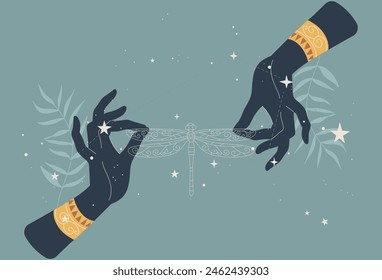 Las manos de una mujer lanzando hechizos, magia negra y naturaleza de hojas tropicales, horóscopos y predicciones astrológicas, estilo boho con libélula nocturna y estrellas divinas. Ilustración de diseño de Vector.