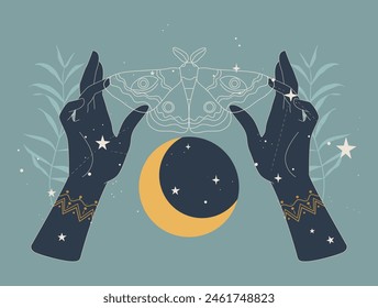 The hands of a woman casting spells, Horoscopes and astrological predictions, Black magic and spiritual mysteries, Boho style with night butterfly, moon and divine stars. Vector design illustration.