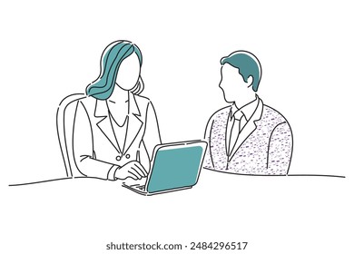 Hands of a woman conducting a business interview, doodle continuous line art vector illustration