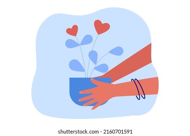 Manos de mujeres sosteniendo plantas de la casa con corazones como flores. Persona con planta maceta como ilustración vectorial plana de regalo. Amor, cuidado, primavera, concepto de caridad para banner, diseño de sitios web o página web de aterrizaje