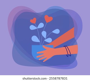 Hands of woman holding houseplant with hearts as flowers. Person with potted plant as gift flat vector illustration. Love, care, spring, charity concept for banner, website design or landing web page