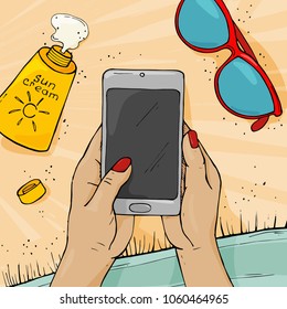 Hands of a woman holding a mobile phone on the beach. Summer concept. Online shopping. Vector illustration in sketch style.