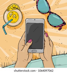 Hands of a woman holding a mobile phone on the beach. Summer concept. Online shopping. Vector illustration in sketch style.