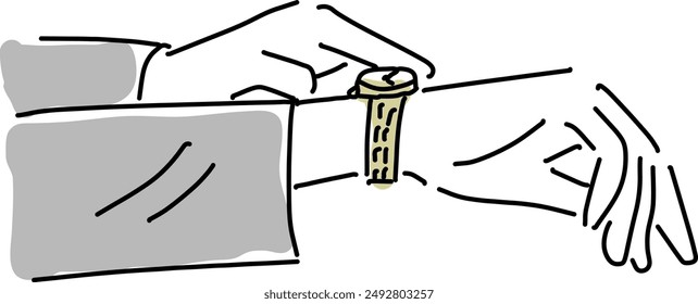 hands of a woman looking at her watch. hand drawing illustration