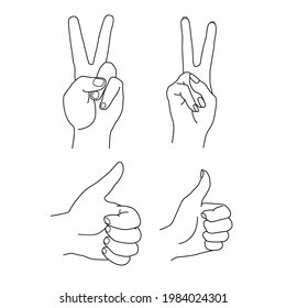 Hands of woman and man show gestures piece and thumb up. Sign of victory and like. Vector contour illustration. Line art