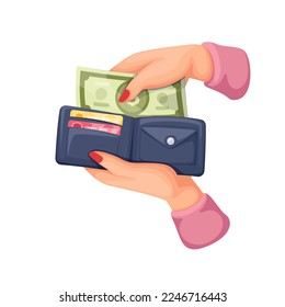 Hands of woman putting money into wallet vector illustration. Cartoon female arms holding open pocket purse with credit cards and cash money to give for payment or transfer, put currency of salary