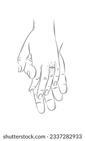 Hands of woman with ring and man holding each other and waiting for the wedding drawing on white background