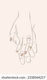 Hands of woman with ring and man holding each other and waiting for the wedding drawing on beige background