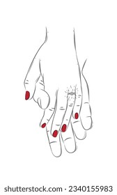 Hands of woman with ring and man holding each other and waiting for the wedding drawing on white background with red