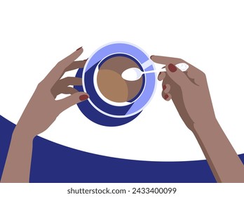 Hands of a woman sitting at a round table with a cup of coffee on a saucer and a spoon. Minimalist and flat style color drawing. Vector illustration