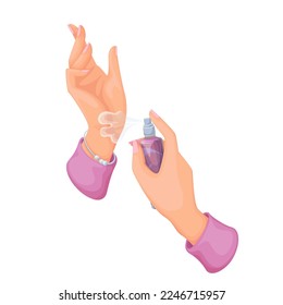 Hands of woman spray perfume vector illustration. Cartoon female hands holding rectangular bottle with natural scent, girl spraying rose water or pink perfume liquid with fashion smell in air