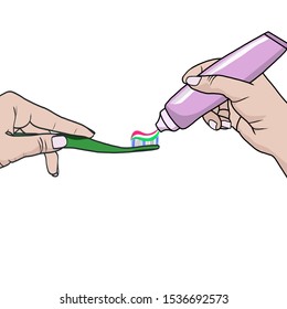 Hands of a woman squeezing toothpaste on a toothbrushe. Caring for oral cavity isolated on white background. Personal morning hygiene