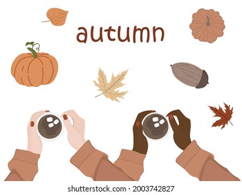 The hands of a woman in a sweater hold a coffee cup. Pumpkin, maple leaf, acorn. Autumn set