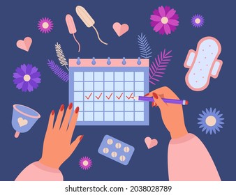 Hands of woman tracking period in menstruation calendar. Girl with menses, menstrual cup, pills from menstrual pain, pads and tampons flat vector illustration. Menstruation, health concept for banner