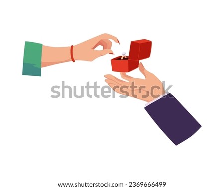 Hands of woman who accepts the wedding ring and the man proposes marriage, flat cartoon vector illustration isolated on white background. Marriage propose symbol.