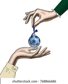 Hands of women with a Christmas tree ball isolated on white. Vintage color stylized drawing. Vector Illustration