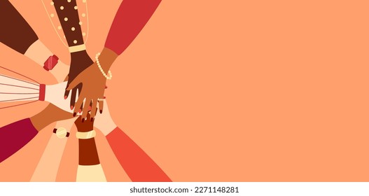 Manos de mujeres de diferentes etnias haciendo gesto de unidad, copiar espacio. Grupo internacional de amigos. Ilustración vectorial en estilo plano