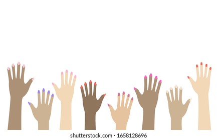 Hands Of Women Of Different Nationalities, Raised Up. Isolated On A White Background. Banner Design. Sisterhood Concept. Vector Stock Illustration.