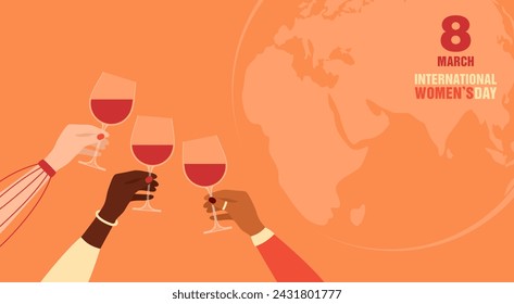 Hands of women of different nationalities and skin tones holding glasses of red wine with Earth globe on background. International Women's day greeting card. Flat vector illustration