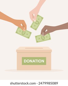 Hands of women of different nationalities and skin tones putting a dollar banknotes into a donation box. Flat vector illustration