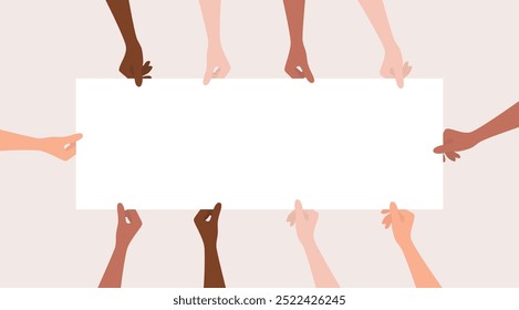 Manos de mujeres de diferentes nacionalidades y tonos de piel sosteniendo un Anuncio blanco en blanco, vista superior. Ilustración vectorial plana