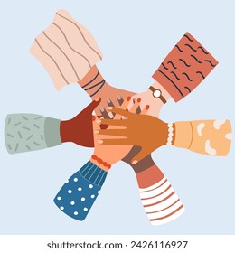the hands of women in diverse come together to empower each other. international women's day greeting card vector illustration