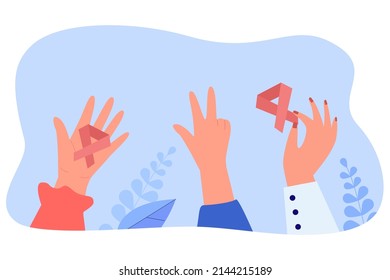 Hands of women holding breast cancer awareness symbols. Female arms with pink ribbons and solidarity gesture flat vector illustration. healthcare, support campaign for sick people, hope concept