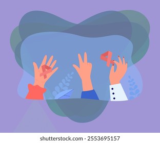 Hands of women holding breast cancer awareness symbols. Female arms with pink ribbons and solidarity gesture flat vector illustration. healthcare, support campaign for sick people, hope concept