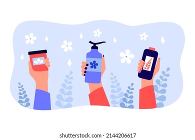 Hands of women holding skin care products. Bottles with serum, lotion, cream flat vector illustration. Cosmetics, beauty, treatment concept for banner, website design or landing web page