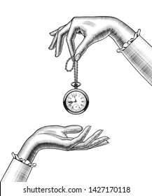 Hands women and retro pocket watch  Vintage stylized drawing  Vector Illustration