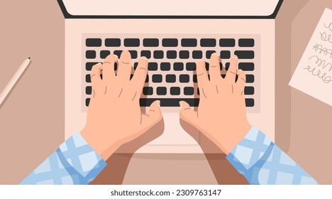 Hands at work behind a laptop keyboard with at the table. Workplace at home. Vector illustration