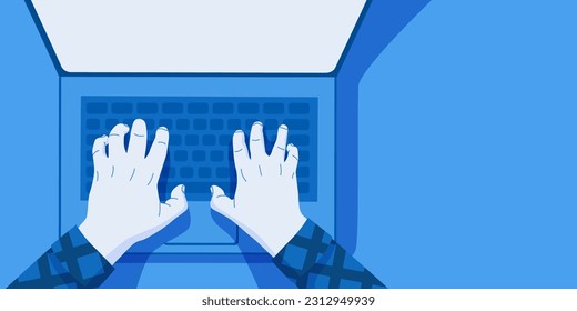 Manos en el trabajo detrás de un teclado portátil con en la mesa. Lugar de trabajo en casa. Ilustración del vector