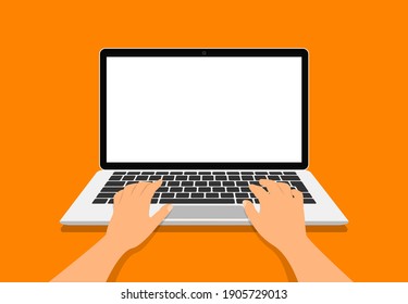 Hands in work at laptop keyboard with blank monitor screen at table. Work place at home. Vector illustration. EPS 10