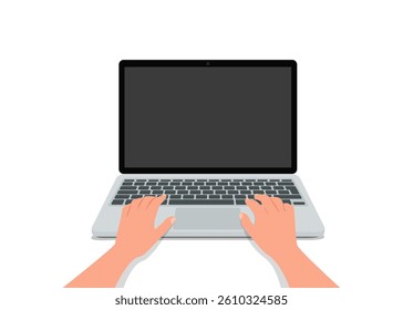 Hands in work at laptop  keyboard with blank monitor screen. Vector illustration. 