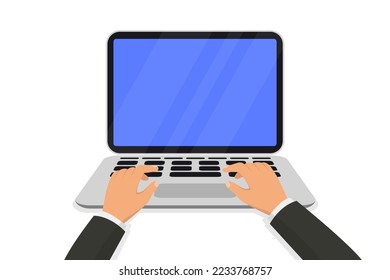 Las manos en el trabajo en el teclado de la laptop. Lugar de trabajo con pantalla de monitor en blanco en la mesa. Manos en un teclado portátil. El concepto de trabajar en una laptop. Ilustración del vector