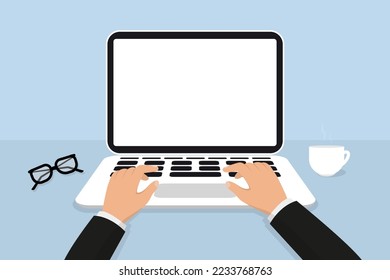 Las manos en el trabajo en el teclado de la laptop. Lugar de trabajo con pantalla de monitor en blanco en la mesa. Manos en un teclado portátil. El concepto de trabajar en una laptop. Ilustración del vector
