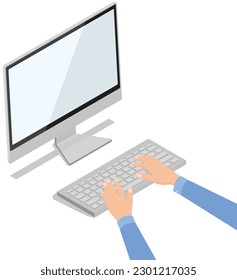 Manos en el trabajo en el teclado portátil con página vacía blanca en la pantalla del monitor en la mesa. Lugar de trabajo en casa. Redes y recolección de "me gusta" y comentarios, uso compartido de fotos, comunicación a través de Internet