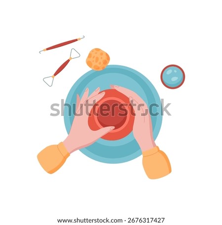 Hands work on crafting pottery bowl in workshop. Creative activity using tools for handmade art. Concept of DIY and craft, suitable for children and hobby classes.