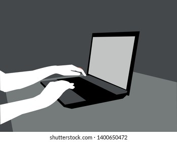 hands at work on a laptop keyboard. black and white vector illustration
