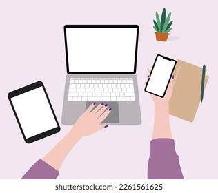 Hands at work on laptop keyboard with blank monitor screen on table. Workplace at home. Vector illustration.Hand holding a smartphone. flat design icon