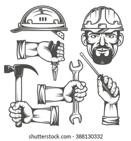 Hands with work tools. Working head in, construction helmet.