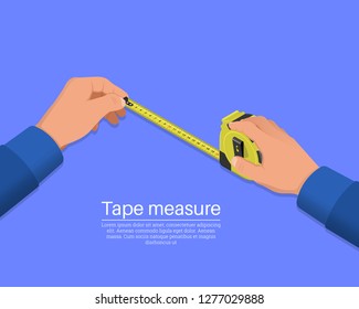 Hands of the worker hold a construction roulette. Concept of repair and construction. Service subject. Isometric illustration.3D.